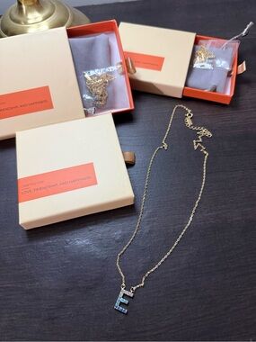 3 Pcs Plated Gold Initial 'E' Necklace with Blue Crystals - Women Jewelry